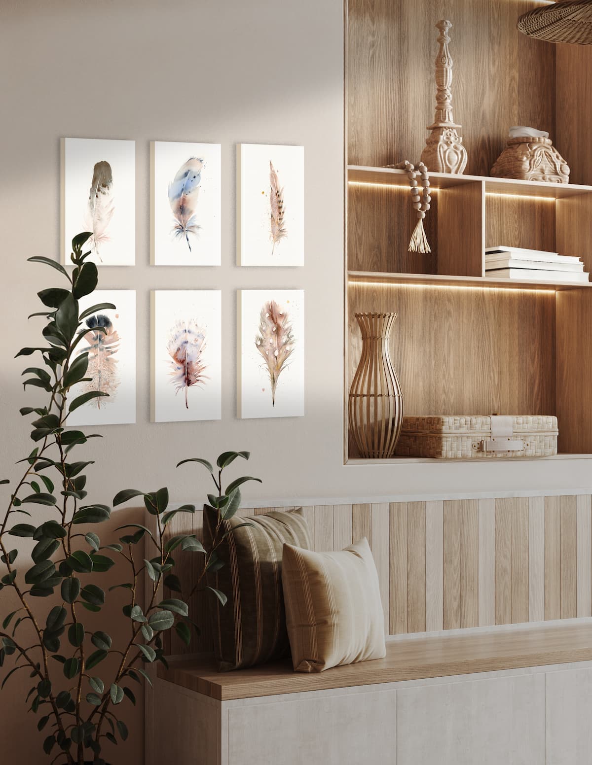 A wall of framed feather watercolors