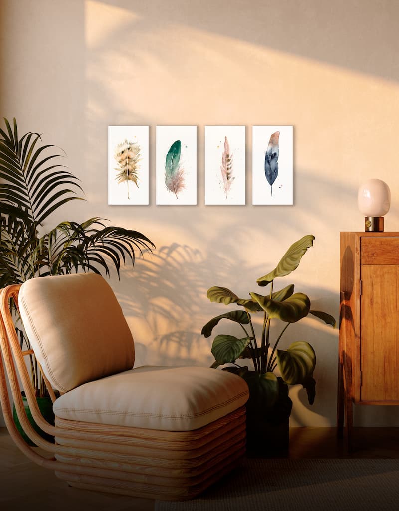 A grid of framed feather watercolors