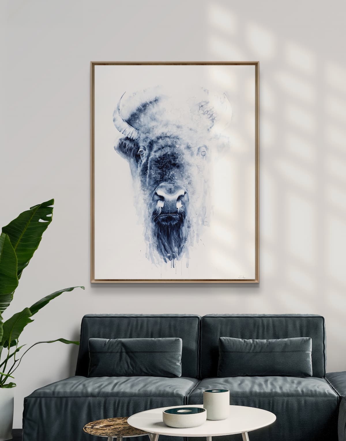 Buffalo watercolor hanging in a room