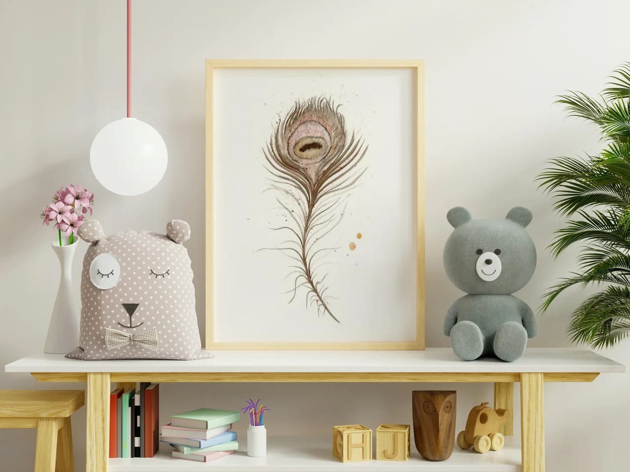 Peafowl shown in a room setting