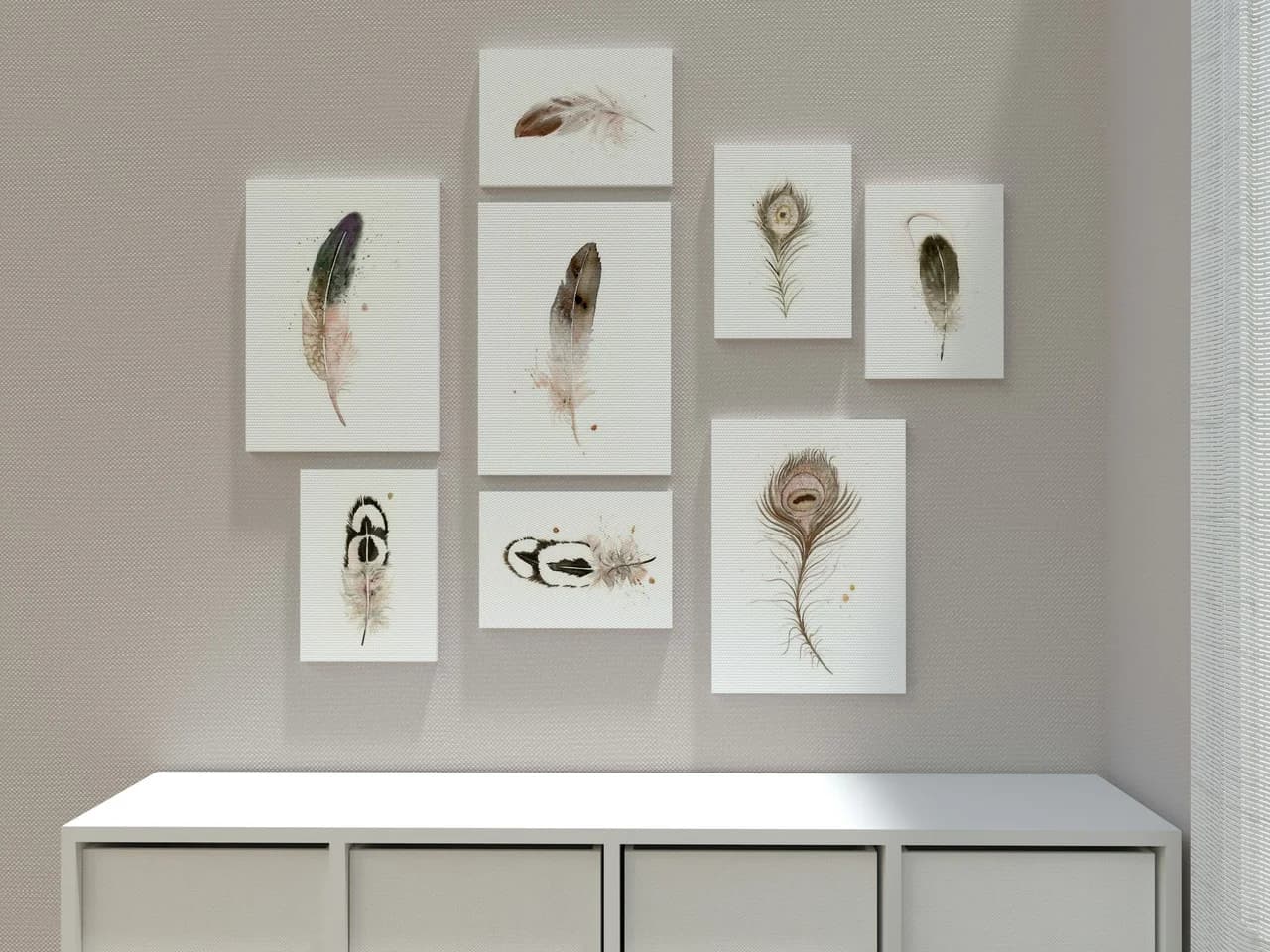 Peafowl shown in a room setting