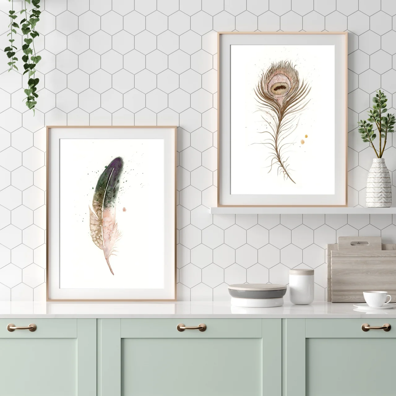 Peafowl shown in a room setting