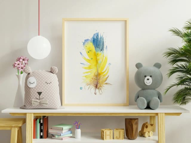 Blue-and-yellow Macaw shown in a room setting
