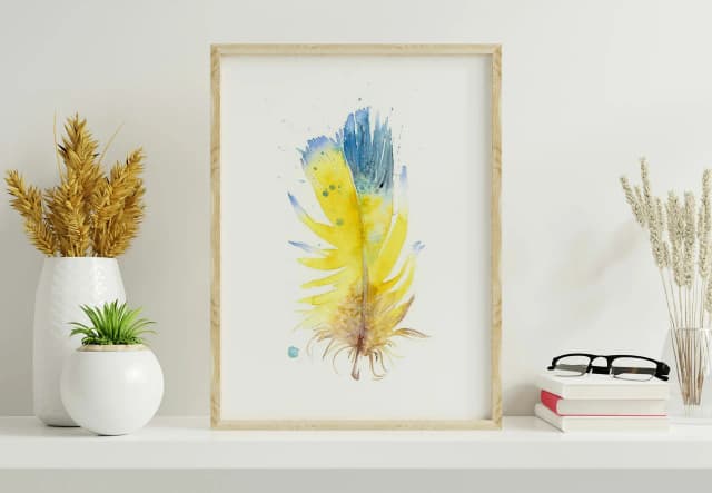 Blue-and-yellow Macaw shown in a room setting
