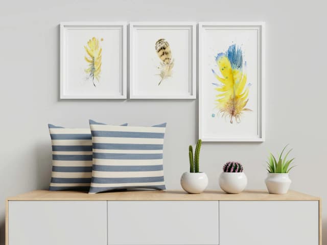 Blue-and-yellow Macaw shown in a room setting