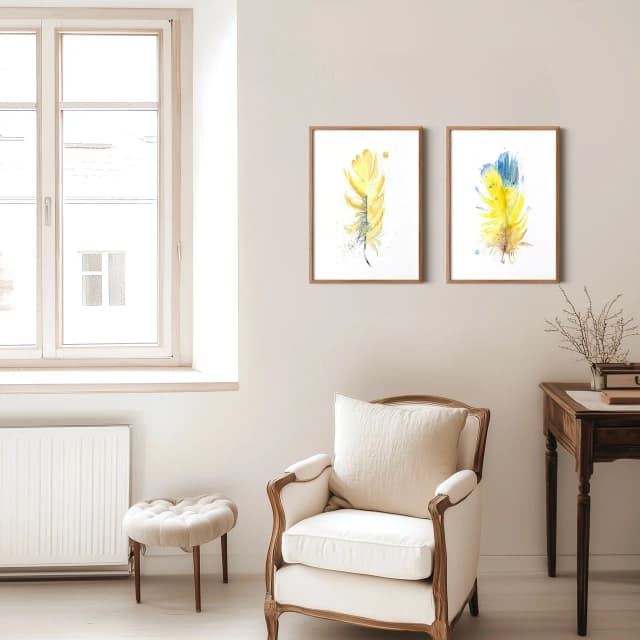 Blue-and-yellow Macaw shown in a room setting