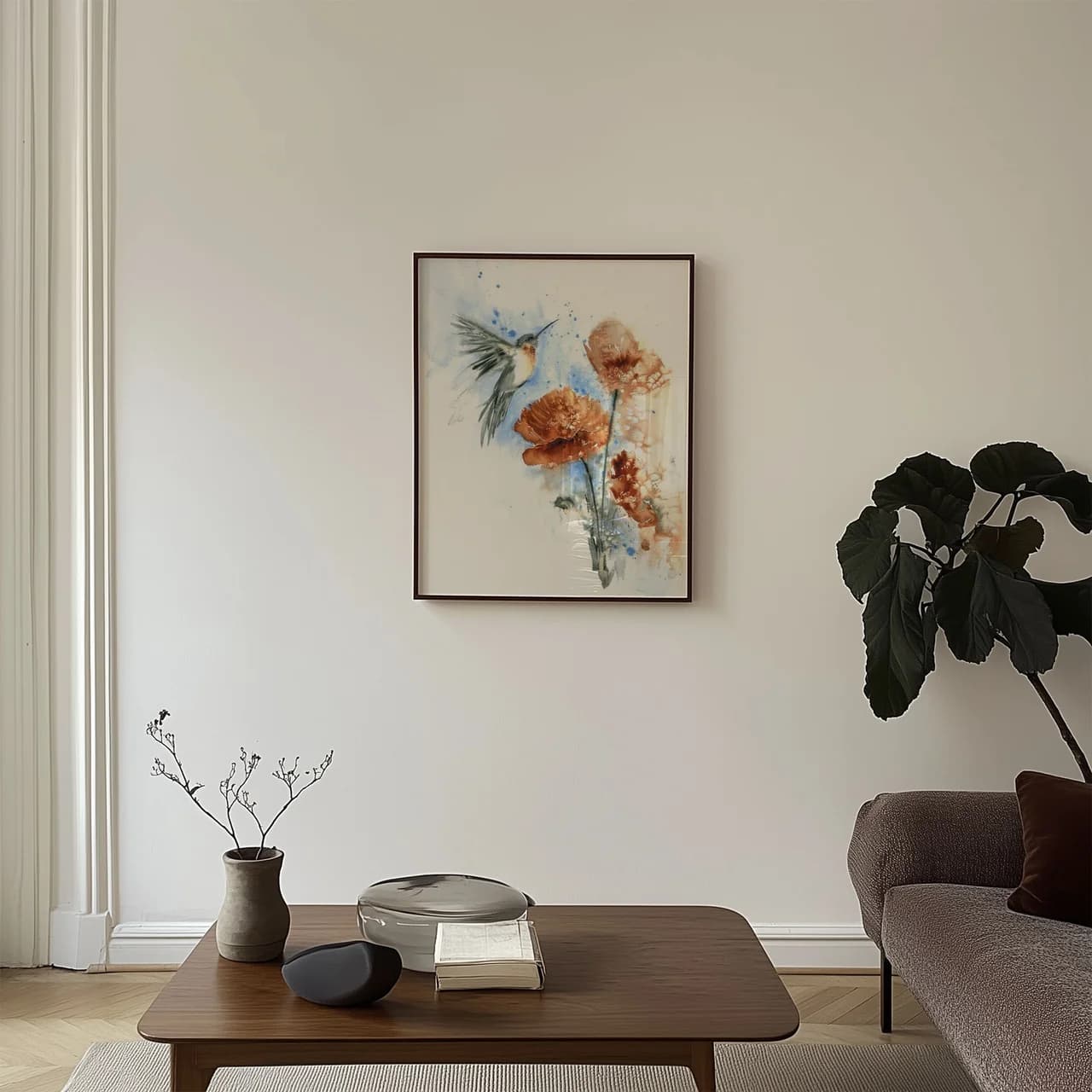 Hummingbird + Poppies shown in a room setting