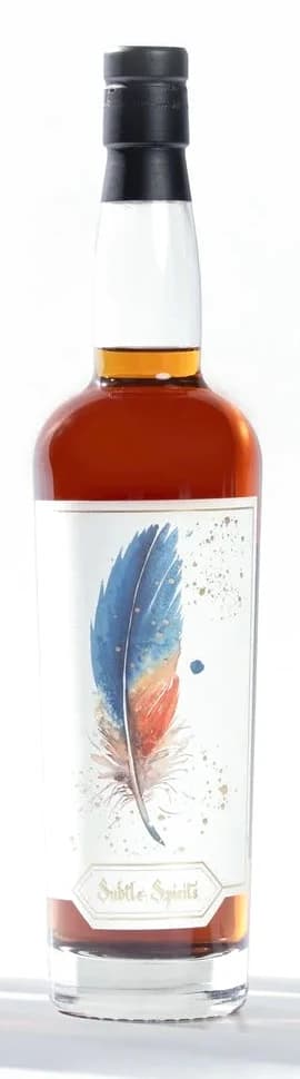 The Kingfisher bottle of A Collection of Rare Birds, its label the feather Shayna painted
